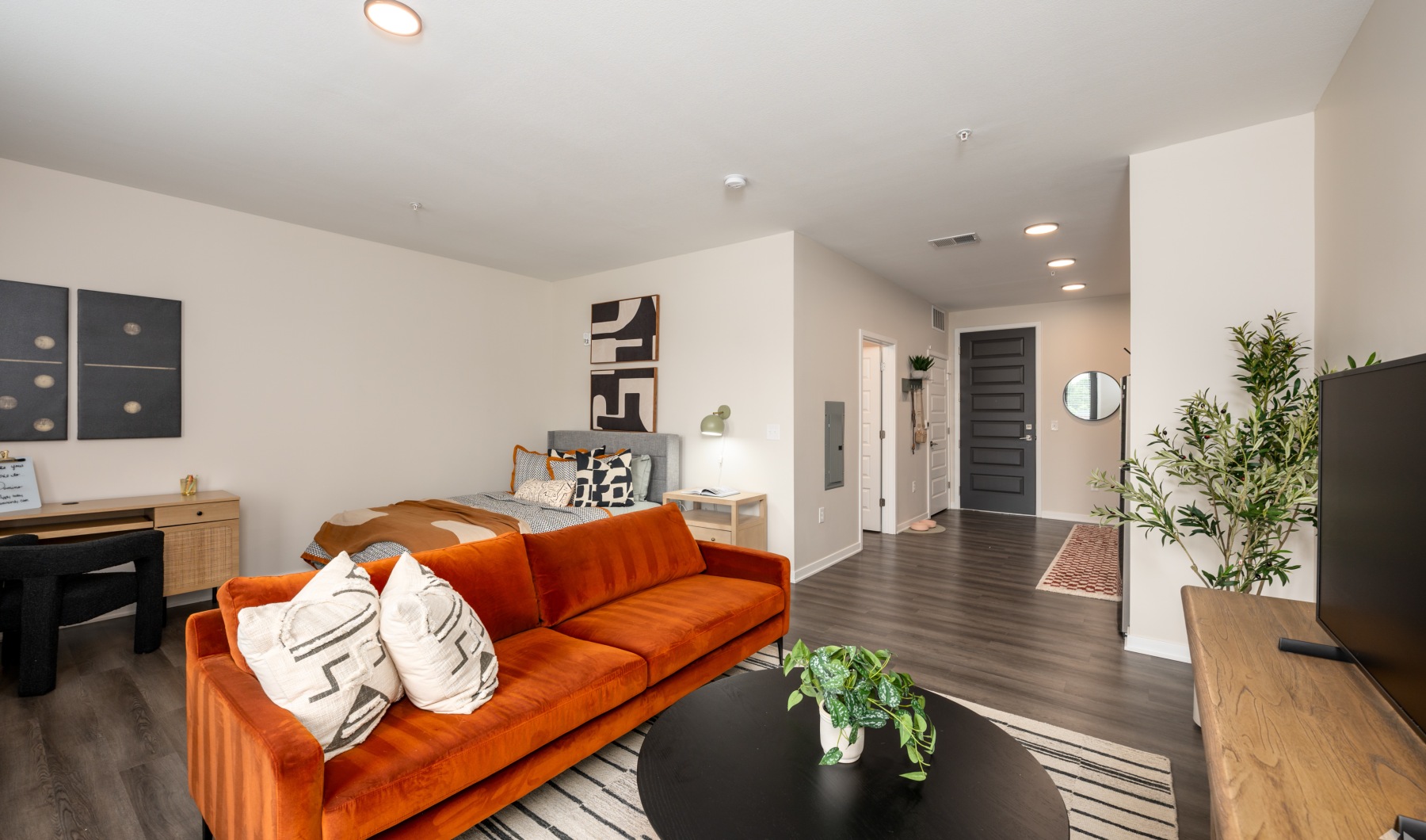 Brand-new apartments in Broad Ripple Styled apartment with bright orange couch